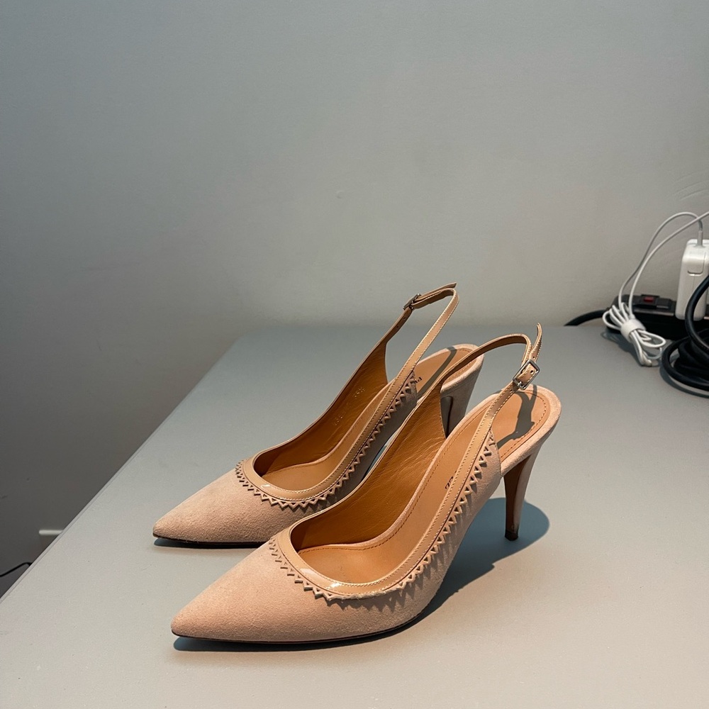 Pura Lopez Tan Slingback Heels with Pointed Toe